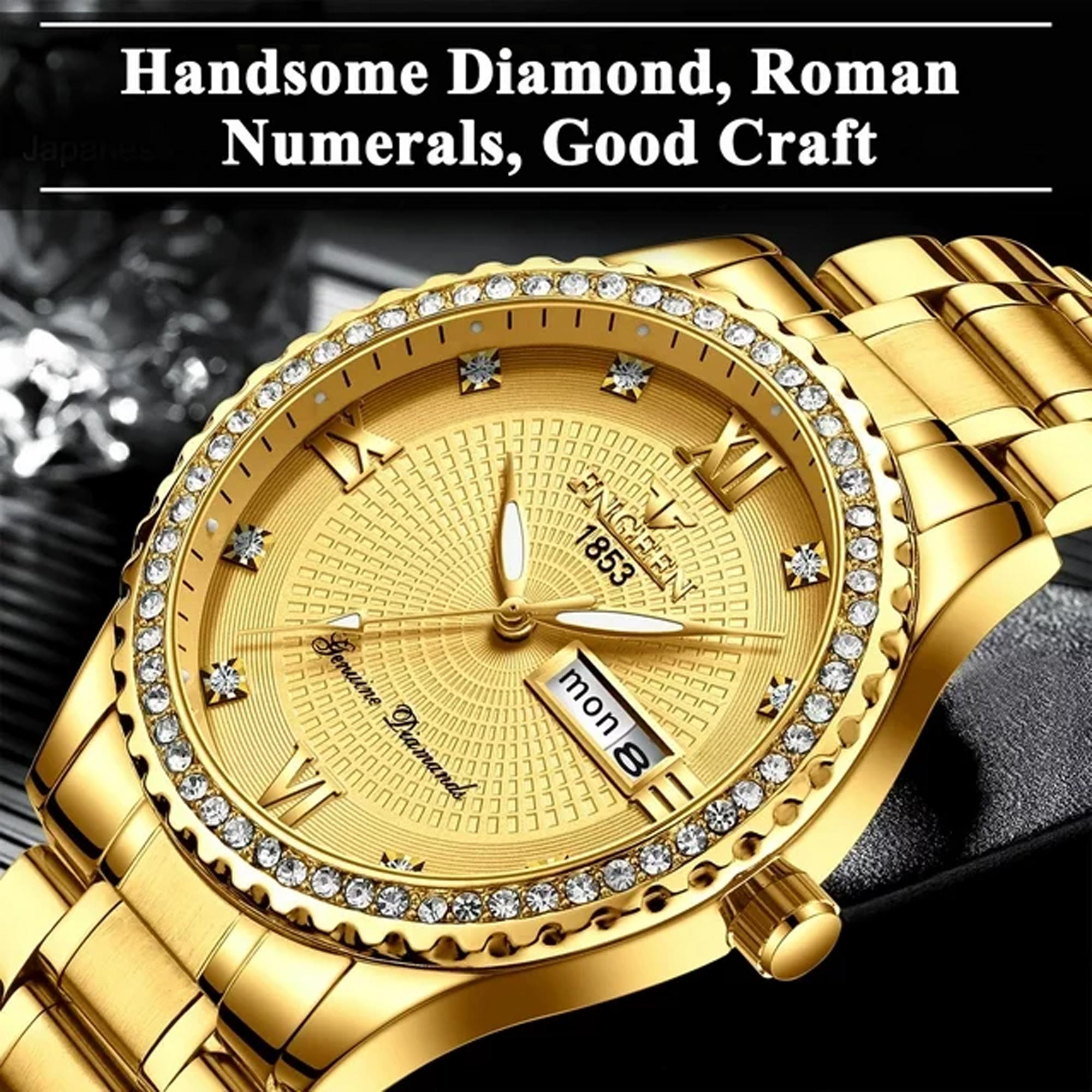 EEEkit Classic Diamond Gold Watches for Men, Stainless Steel Waterproof Dress Watch, Men's Quartz Analog Wristwatch - Imagem 2