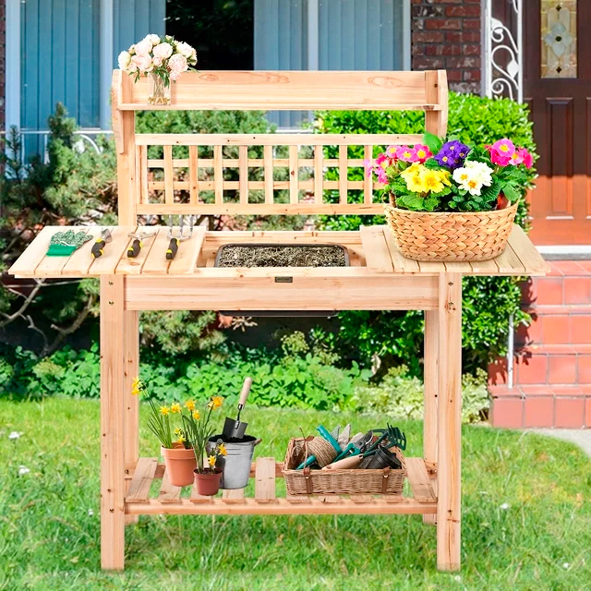 Costway Garden Potting Bench Workstation Table w_Sliding Tabletop Sink Shelves - Imagem 2