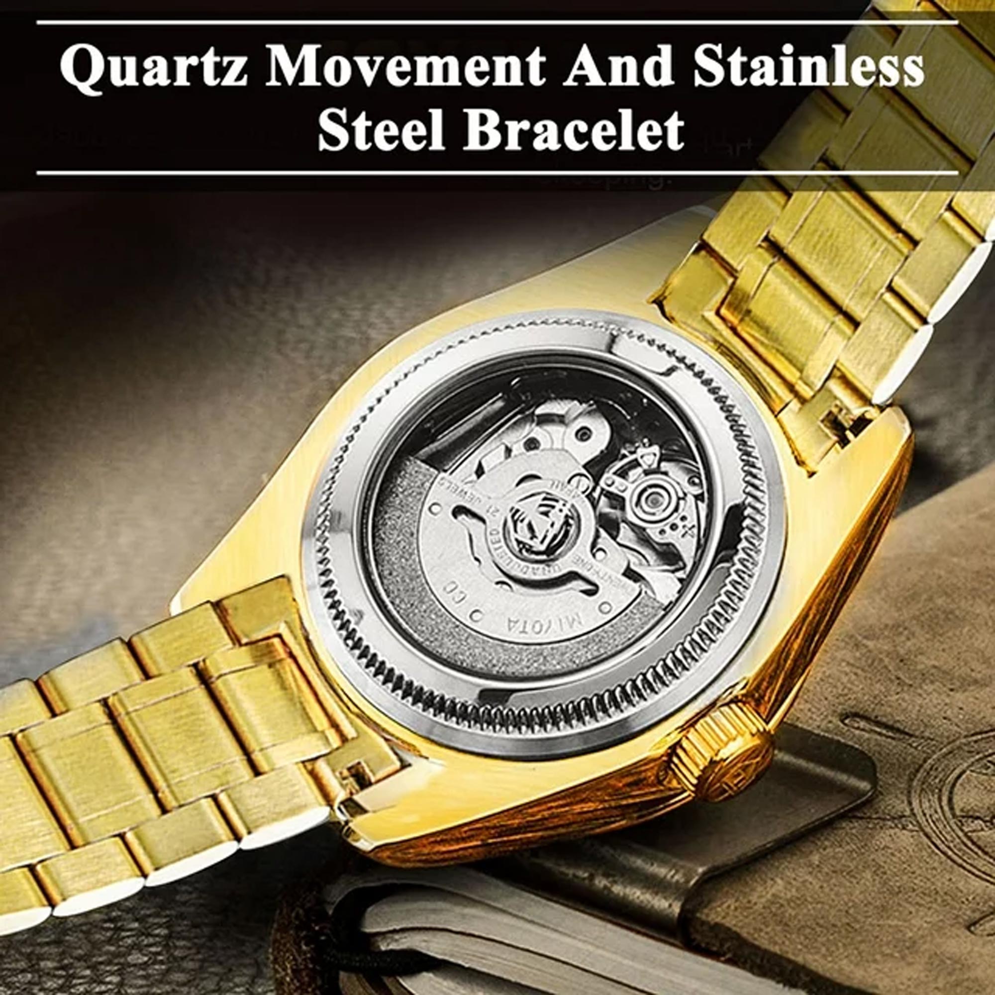 EEEkit Classic Diamond Gold Watches for Men, Stainless Steel Waterproof Dress Watch, Men's Quartz Analog Wristwatch - Imagem 3