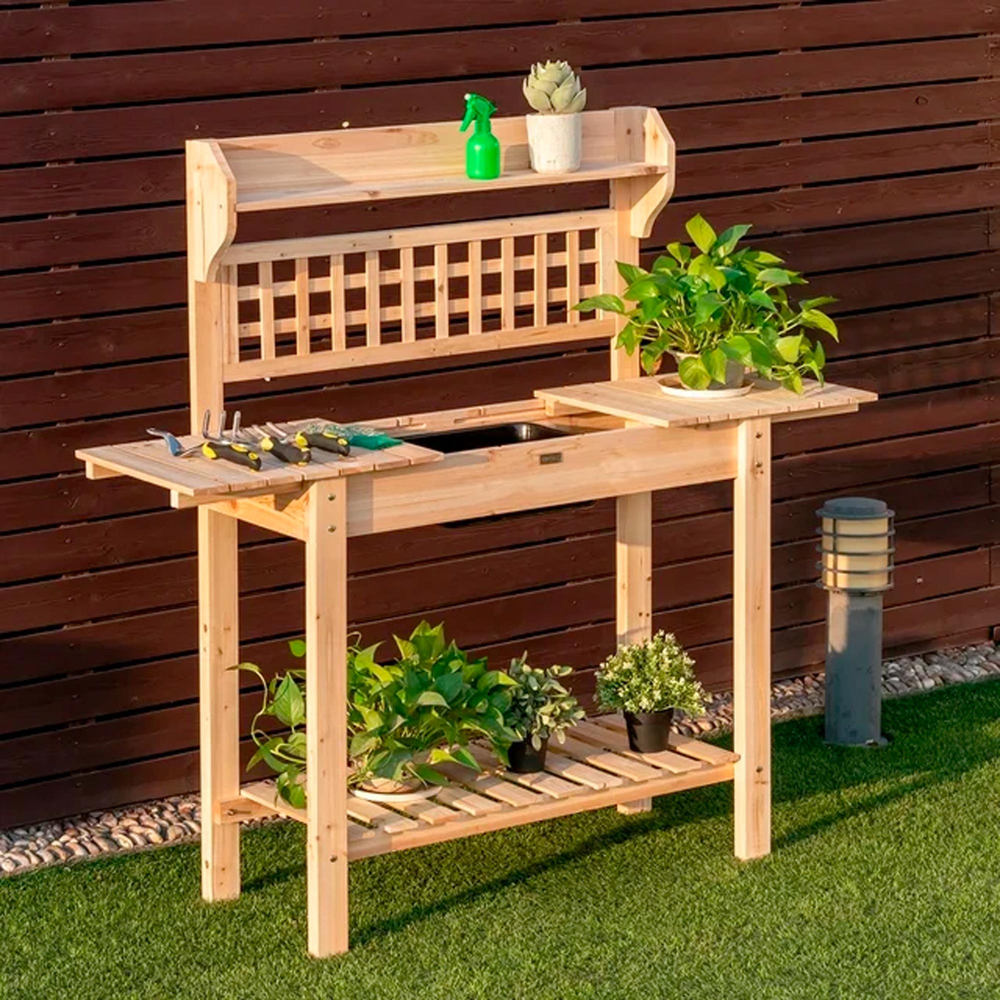 Costway Garden Potting Bench Workstation Table w_Sliding Tabletop Sink Shelves - Imagem 3